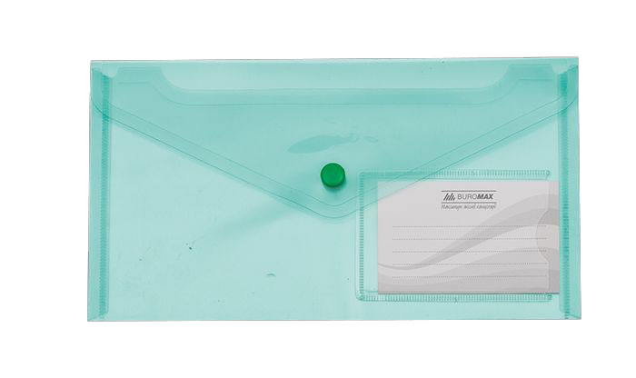 Папка-евроконверт на кнопке 240х130 Buromax непрозрачный пластик зеленая с окошком для визитки