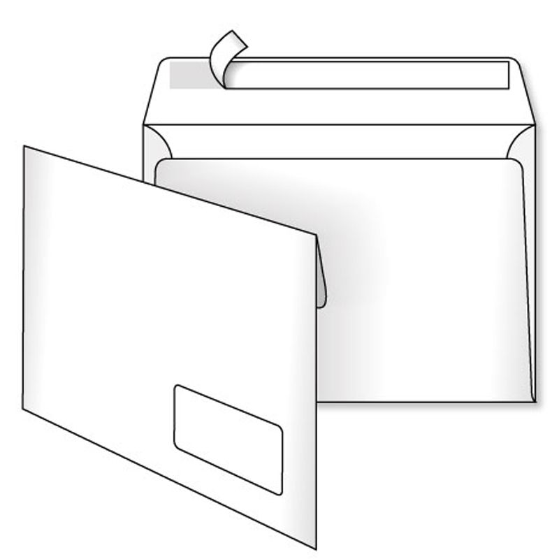 Конверт Е65 110х220мм белая бумага с клейкой лентой с окошком