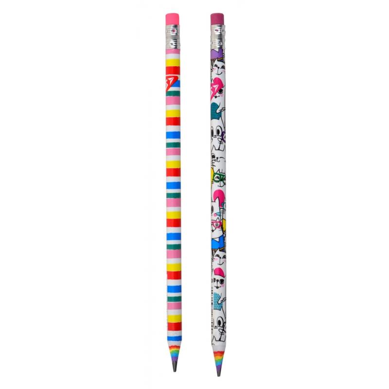карандаш чернографитный детский эко yes happy colours hb круглый с резинкой цветная печать радужный срез  