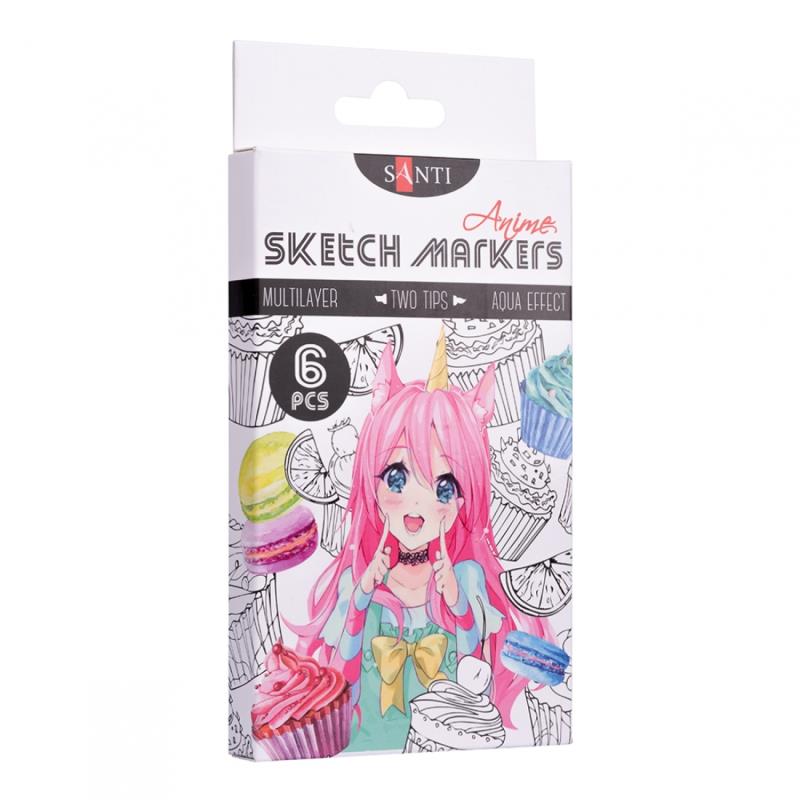 Набор маркеров для бумаги SANTI sketch Anime 6шт. 0,8мм кисточка/клинообразный разноцветные