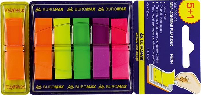 стикер закладки пластик прямоугольные 5 1кол.х 40 л. неоновые разноцветные 45х12мм buromax neon в пластиковом диспенсере  